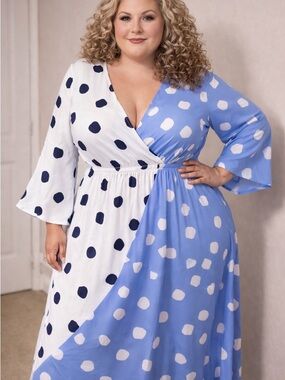 Blue and White Polka Dot Wrap Dress